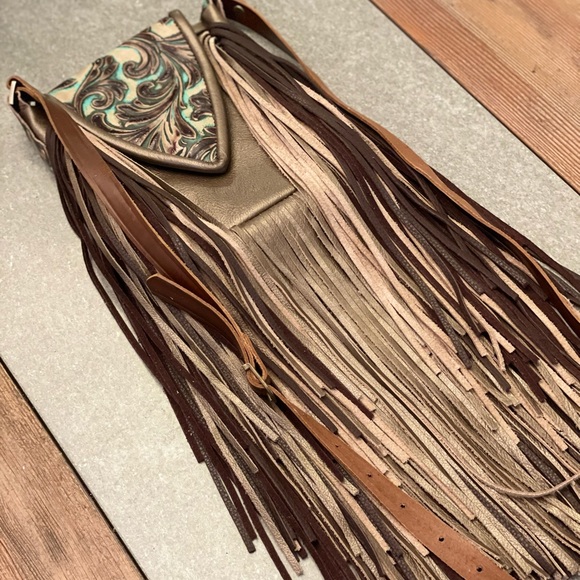 Metallic bronze and accents in turquoise and brown embossed crossbody purse - Picture 7 of 15